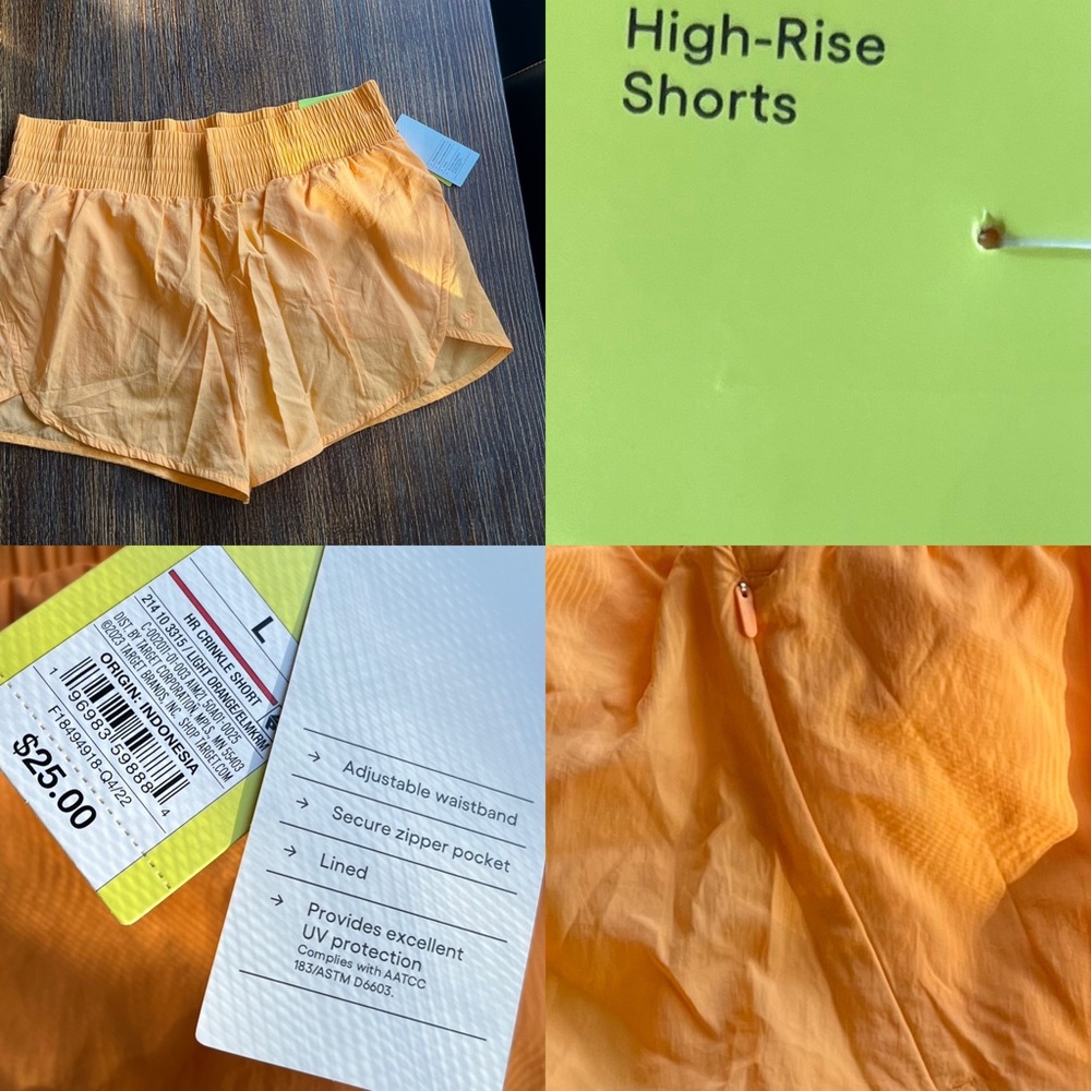 All In Motion HR Crinkle Shorts Light Orange Pockets Lined L UPF 50+ Activewear